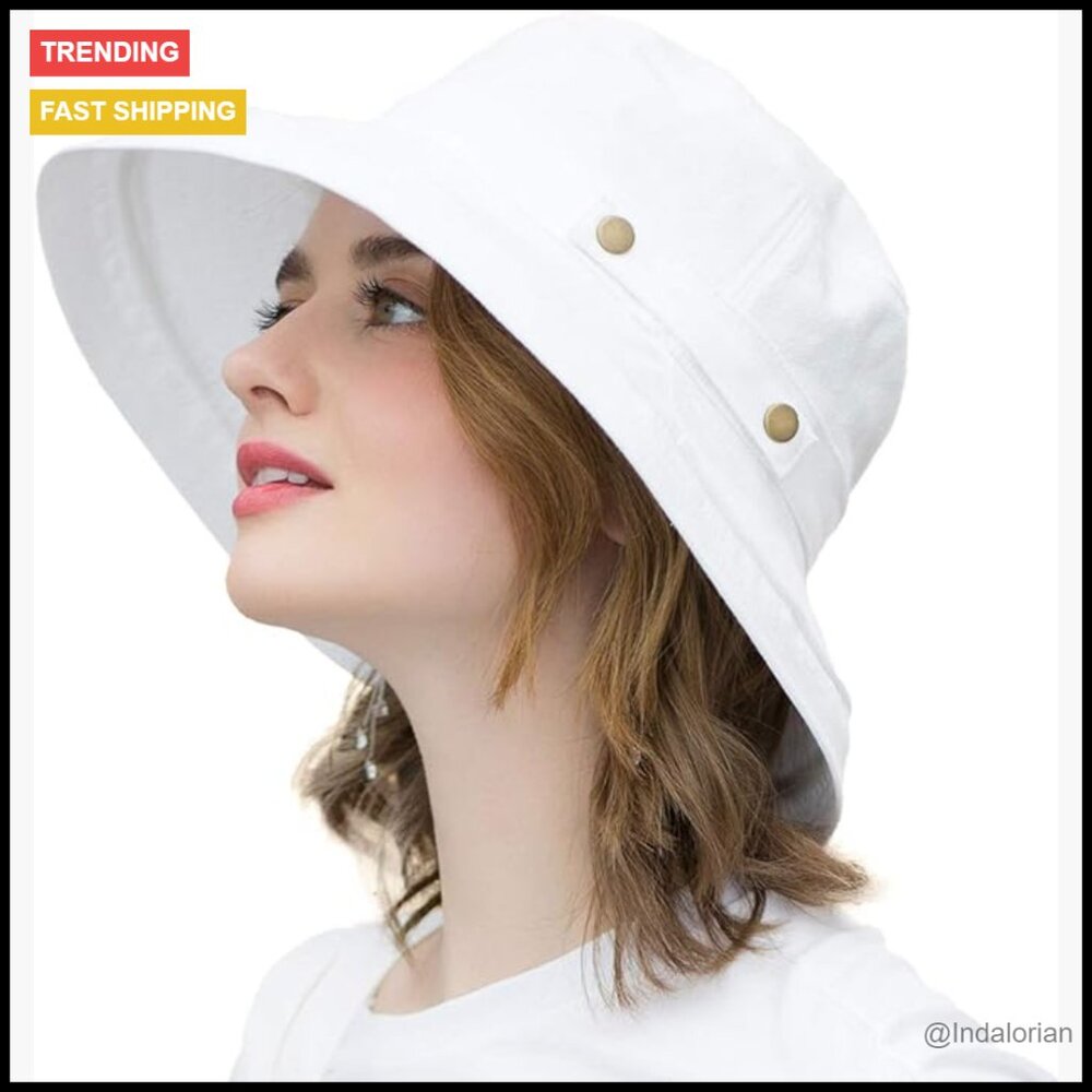 Cotton Wide Brim Sun Hat Upf50+ Packable Beach Bucket Cap Adjustable Fit
